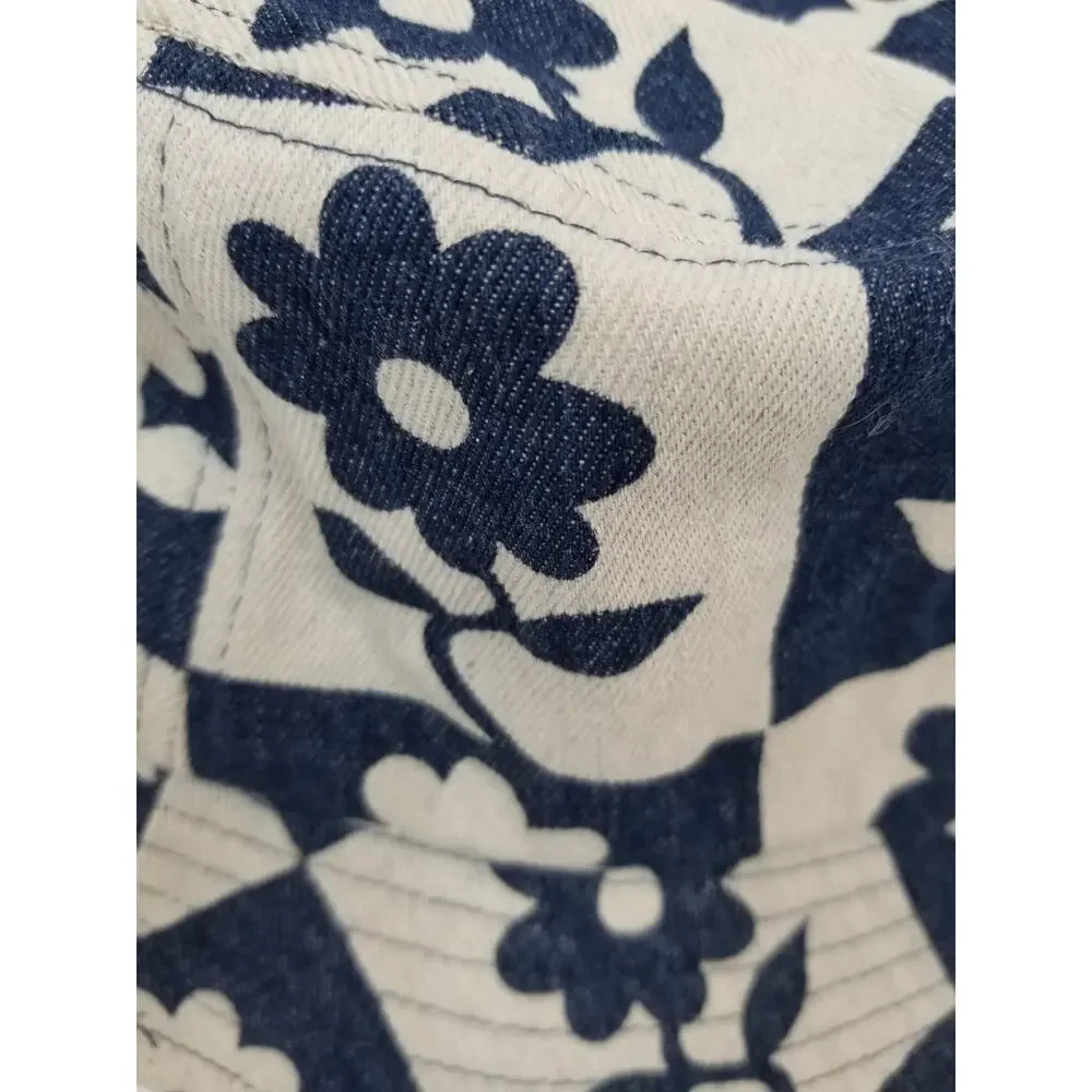 Floral Check Bucket Hat - Navy and Cream